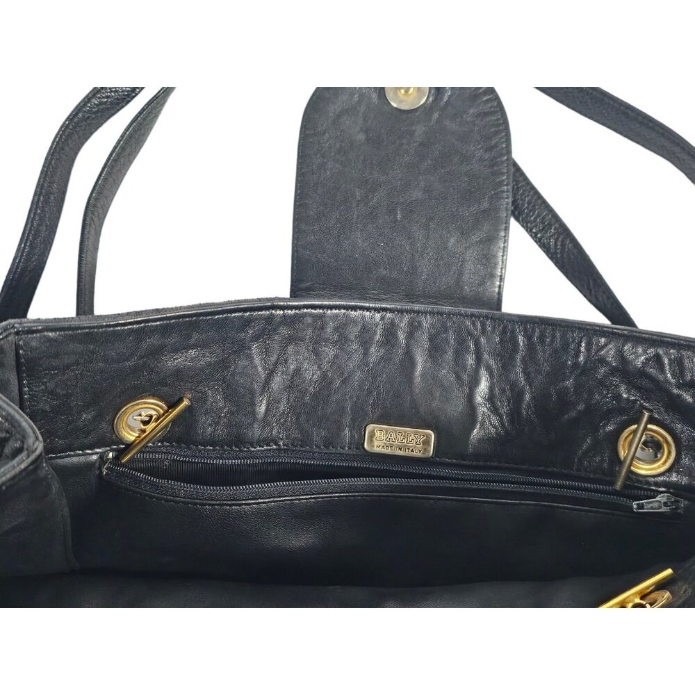 Bally Quilted Black Leather Shoulder Bag Chain Accents Leather Strap - Picture 5 of 13